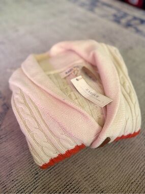 Barque Cable Knit Shawl Collar Sweater in Striped Cream Wool XL